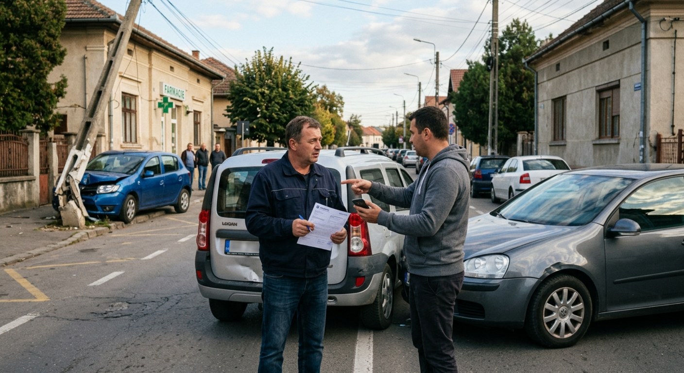 Când nu poți folosi constatarea amiabilă Doi șoferi lângă mașini avariate, ezitând între constatarea amiabilă și chemarea poliției